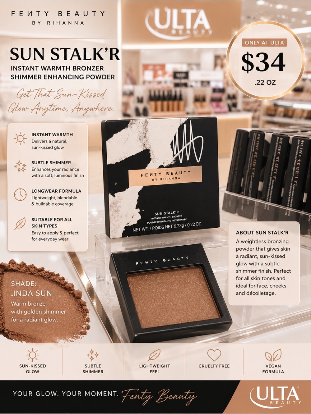 Fenty Beauty Sun Stalk'r Bronzer - Warm Bronze with Golden Shimmer